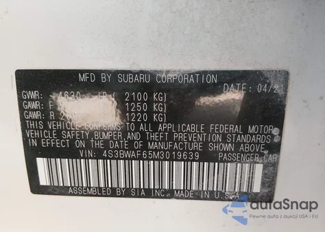 2021 Subaru Legacy Premium z USA, uszkodzony, nr VIN 4S3BWAF65M3019639